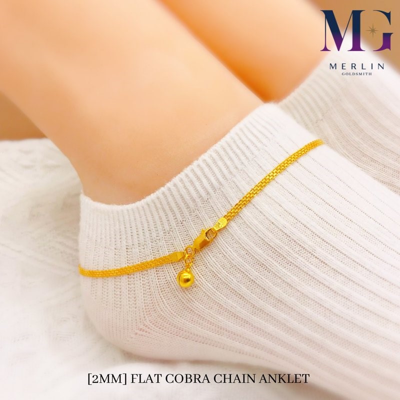 916 Gold Flat Cobra Chain Anklet with a Dangle Bell Singapore Jewellery | Merlin Goldsmith